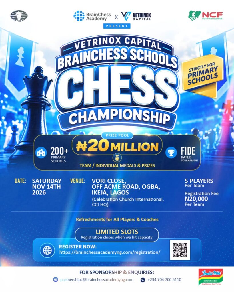 Poster for the Vetrinox Capital BrainChess Schools Chess Championship in Lagos