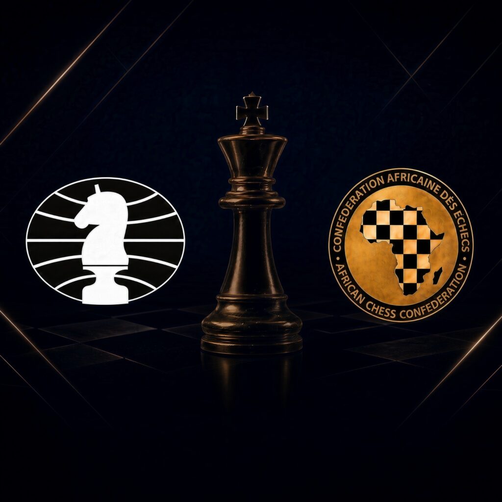 Chess king between the FIDE and Africa Chess Confederation logos