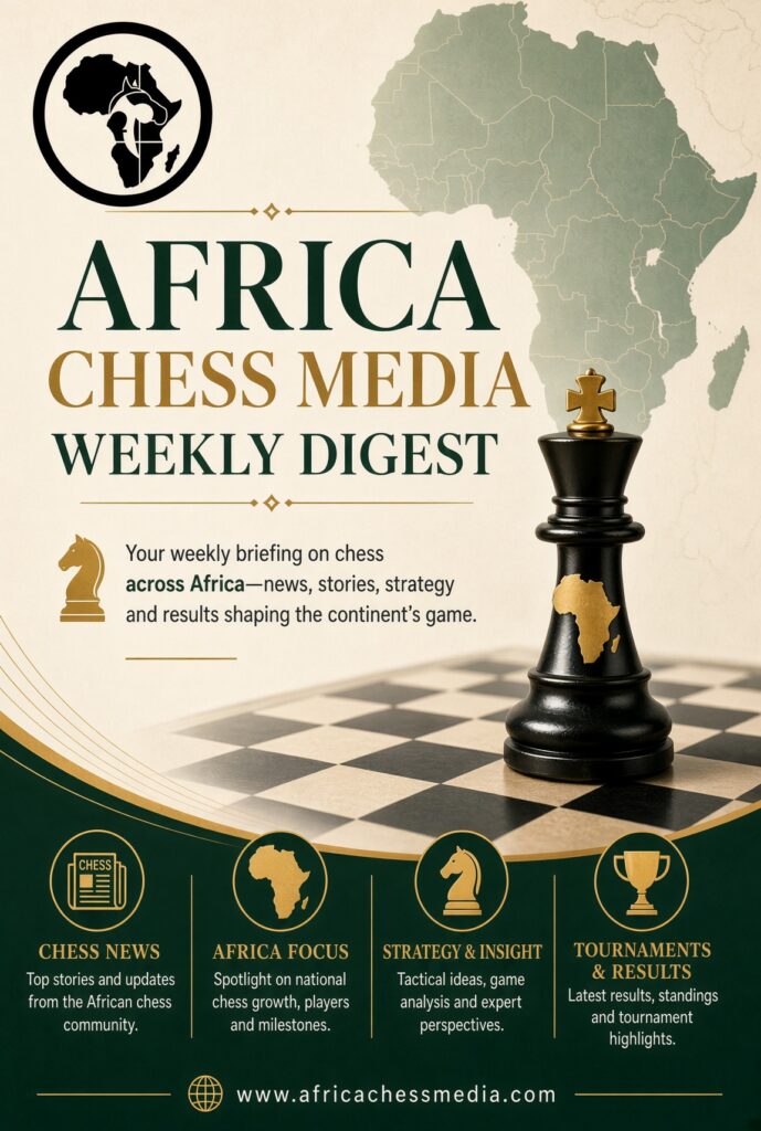 Africa Chess Media weekly digest cover graphic with a chess king and a map of Africa
